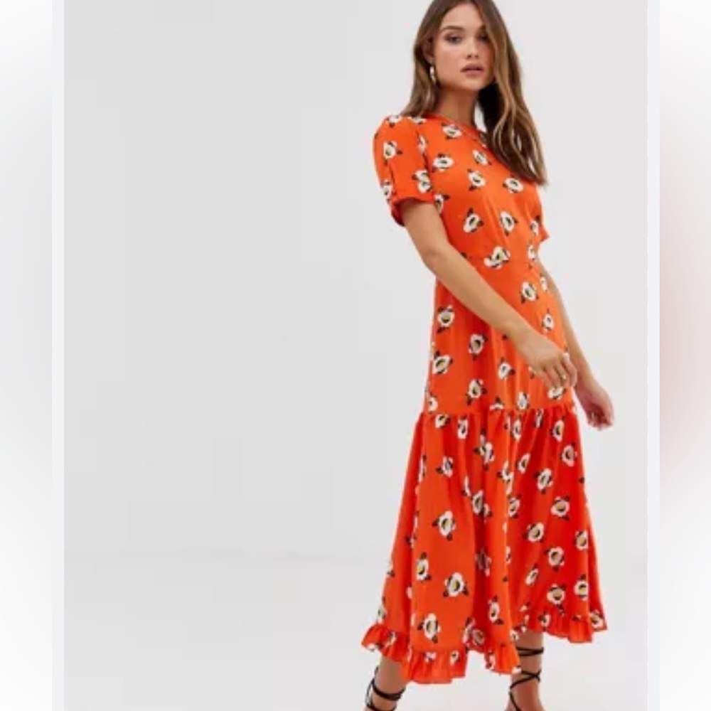 ASOS River Island Orange Floral Midi Dress